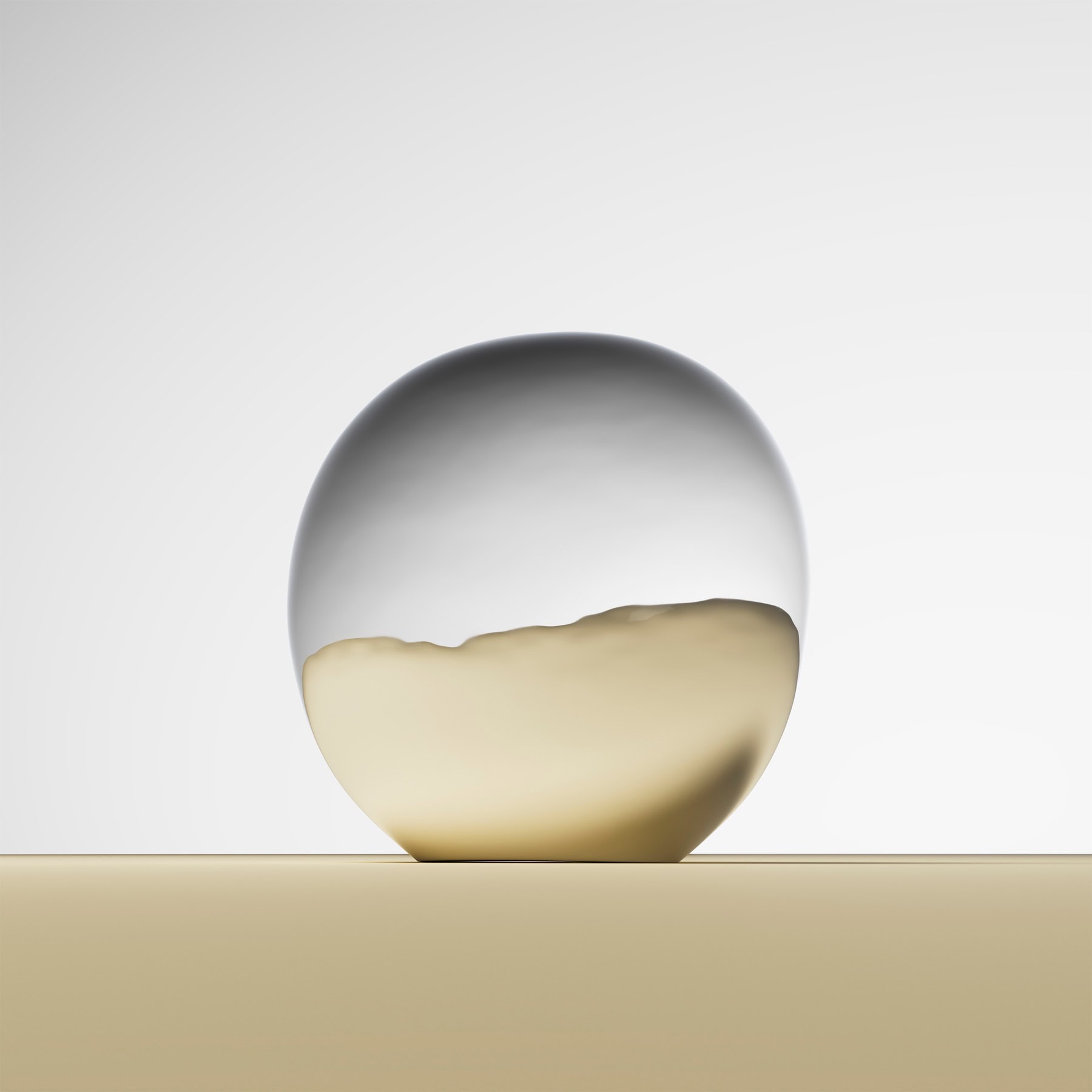 Lise Vester’s curved, reflective Inner View Object for Muuto on a pale yellow surface.