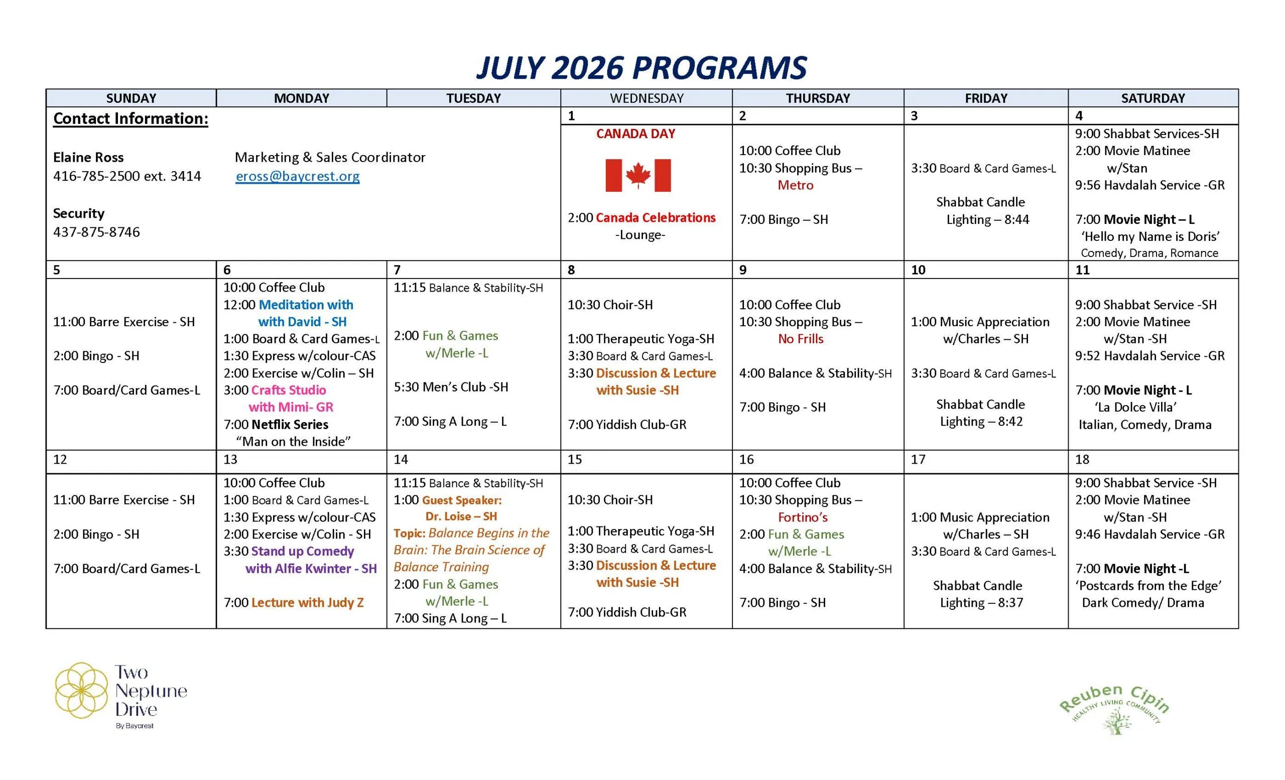 Programs Calendar at Two Neptune Drive