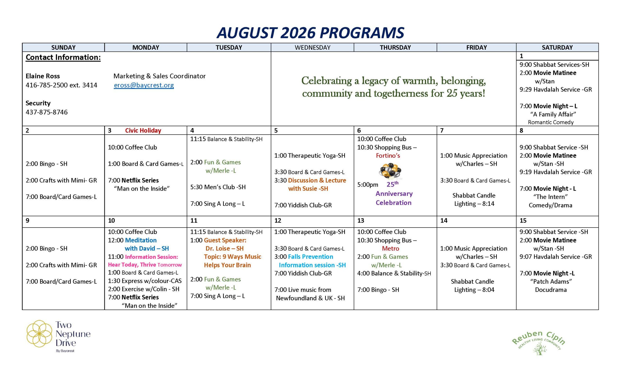 August Calendar for 2026