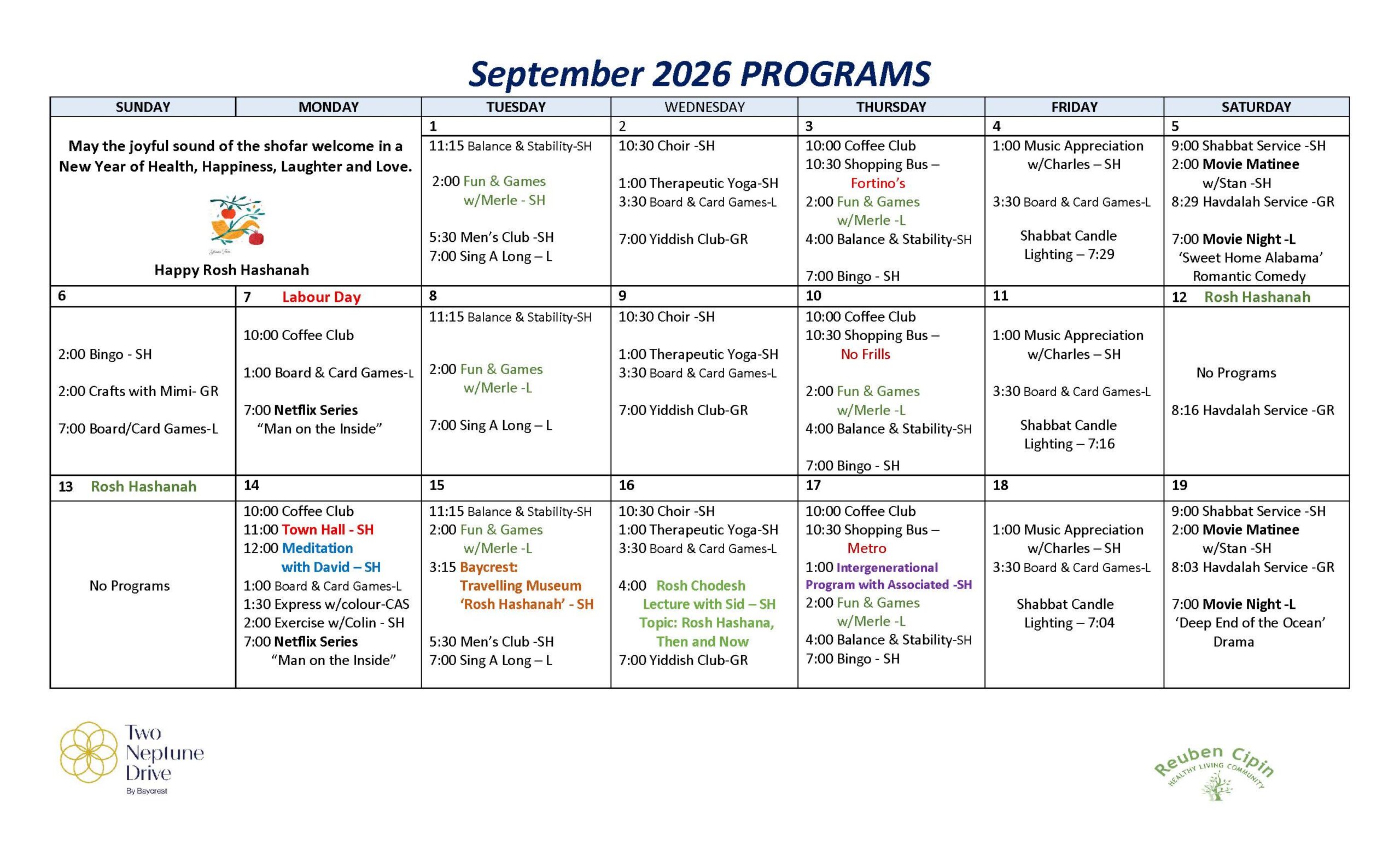Activities Calendar for September