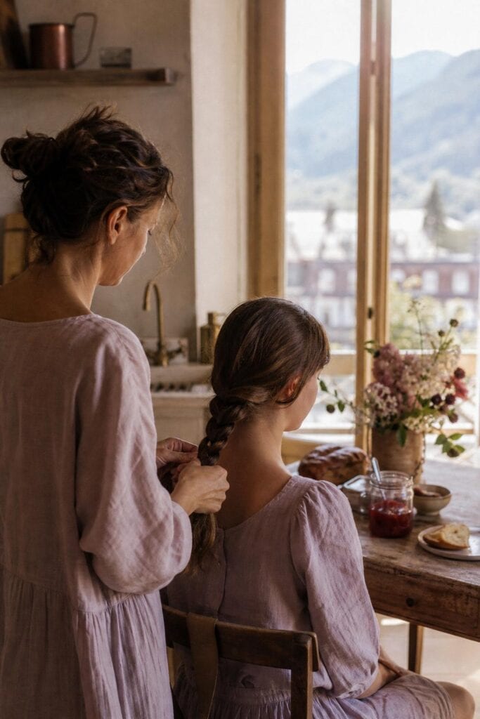 Rubrique Parentalité , une mère tresse les cheveux de sa fille adolescente dans une cuisine ensoleillée à Annecy