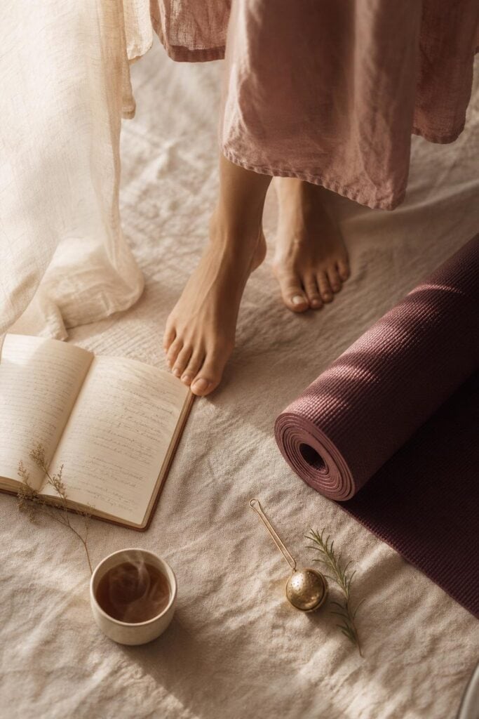 Rubrique Santé & Bien-être , pieds nus sur un tapis en lin, tapis de yoga prune, infuseur à thé en laiton