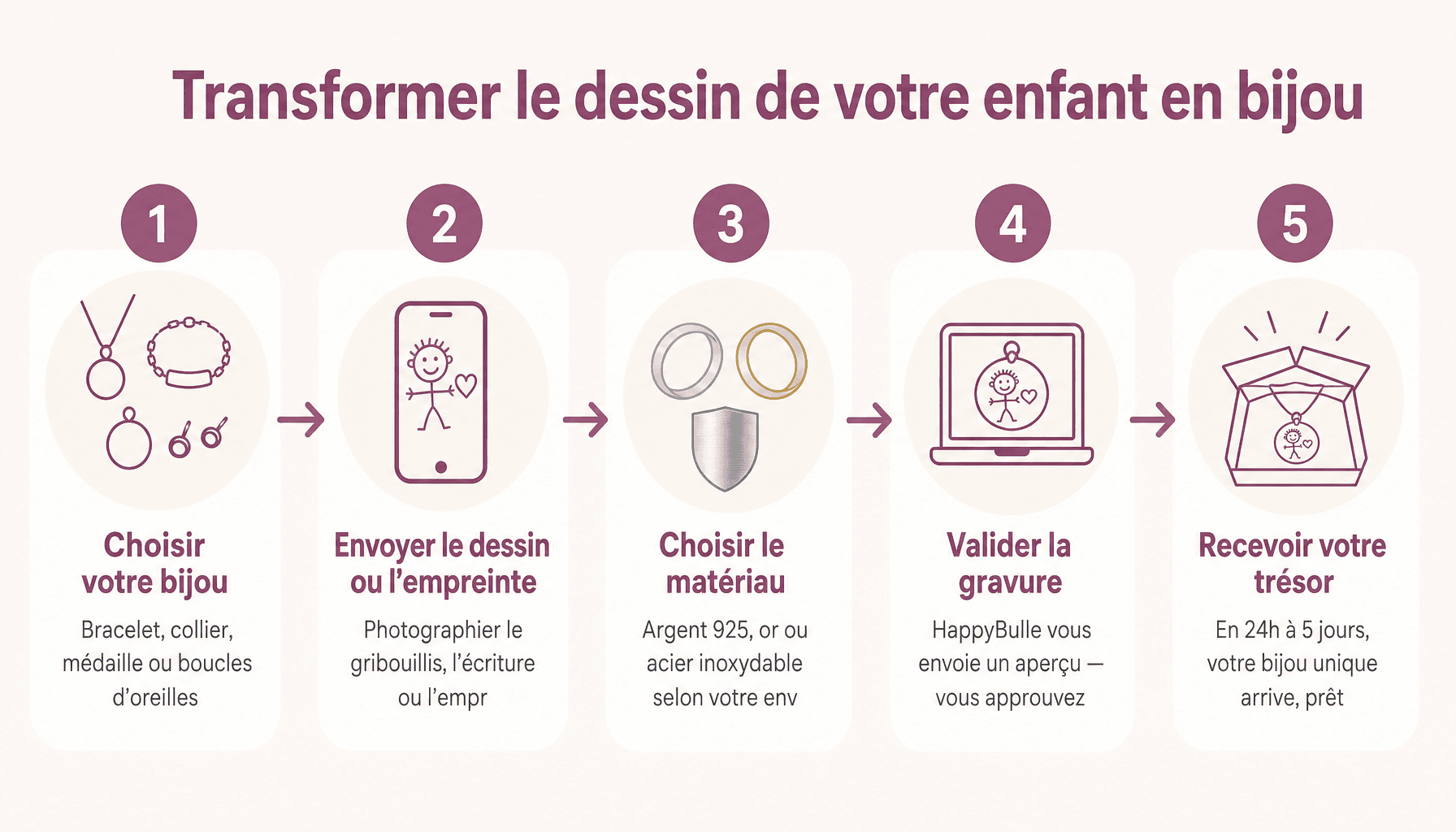 Les 5 étapes simples pour créer un bijou personnalisé avec HappyBulle à partir du dessin de votre enfant