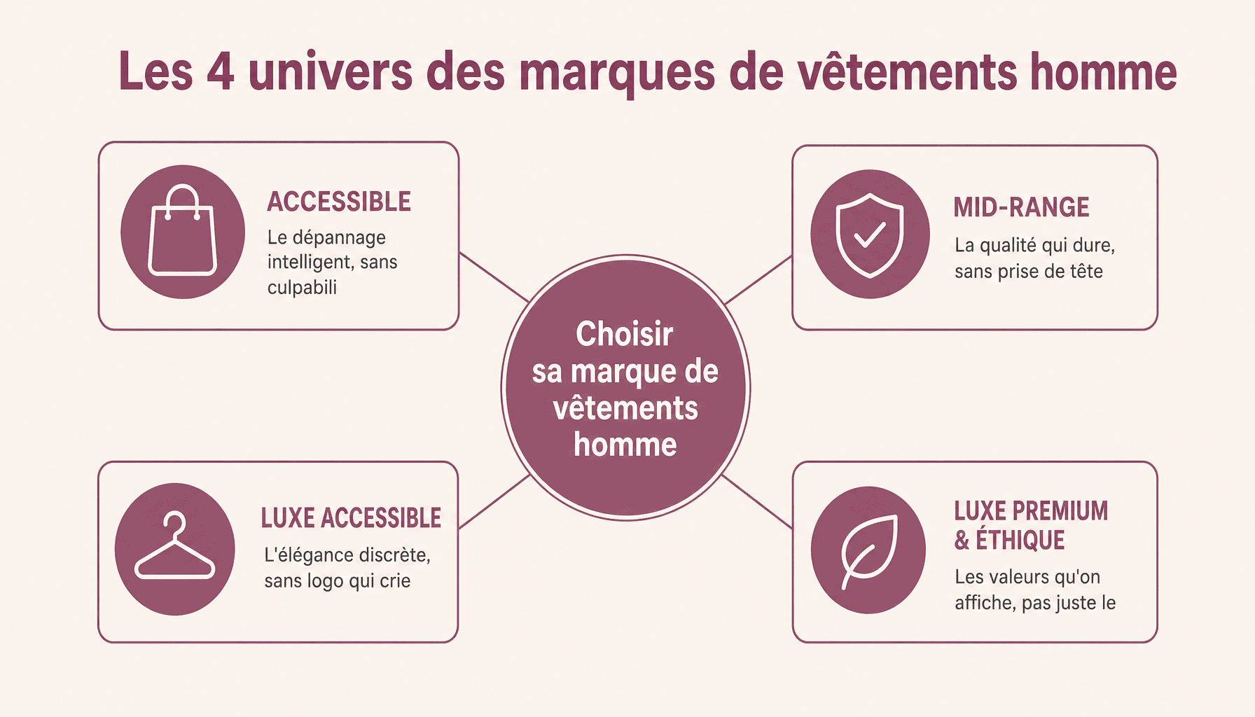 Infographie des 4 catégories principales de marques de vêtements homme : accessible, mid-range, luxe accessible et luxe premium