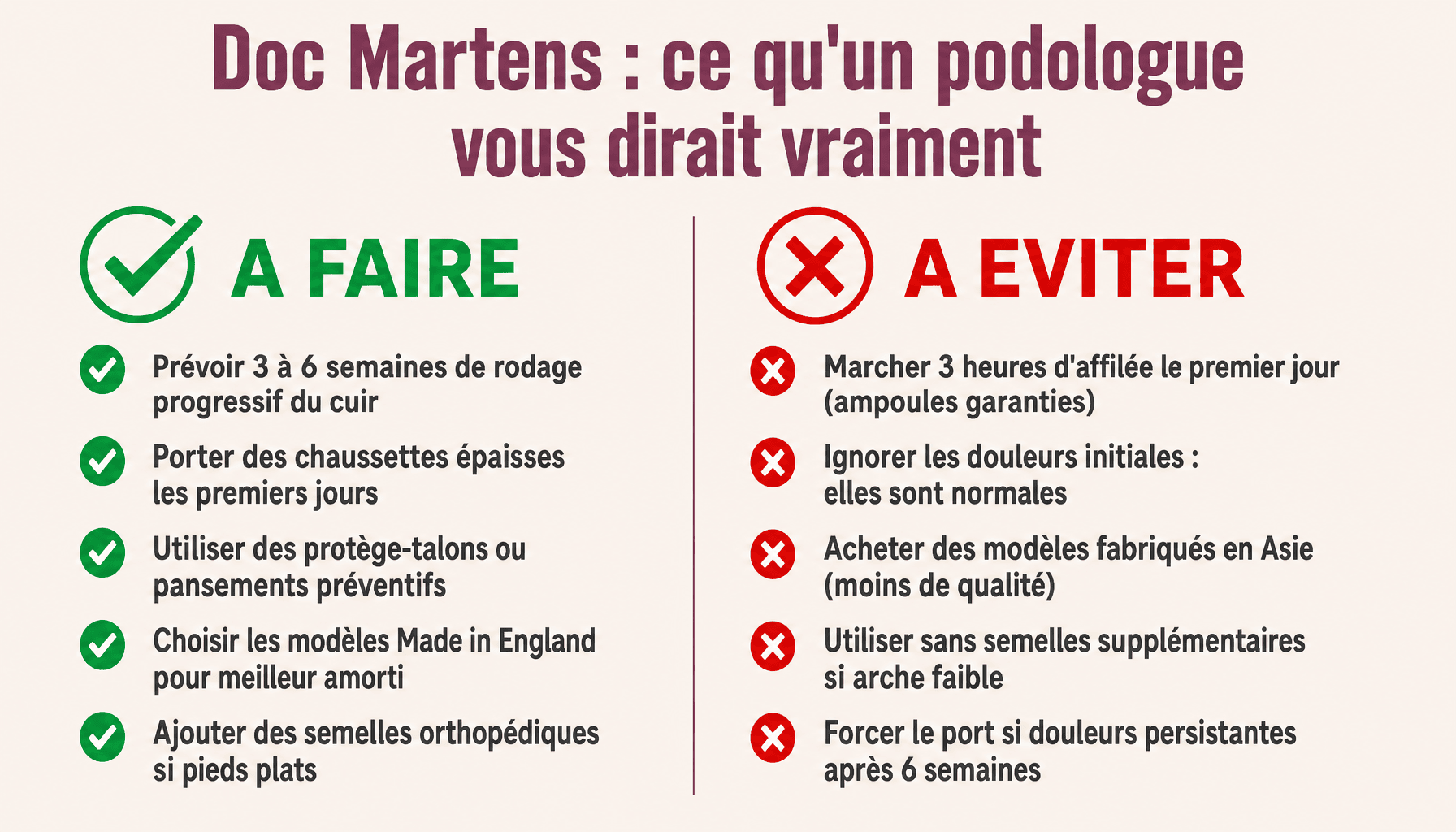 Infographie avis podologue Doc Martens : conseils à faire et à éviter pour le confort des pieds