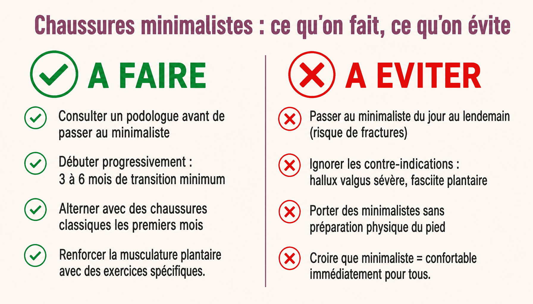 Infographie chaussure minimaliste avis podologue : bonnes pratiques et erreurs à éviter pour débuter