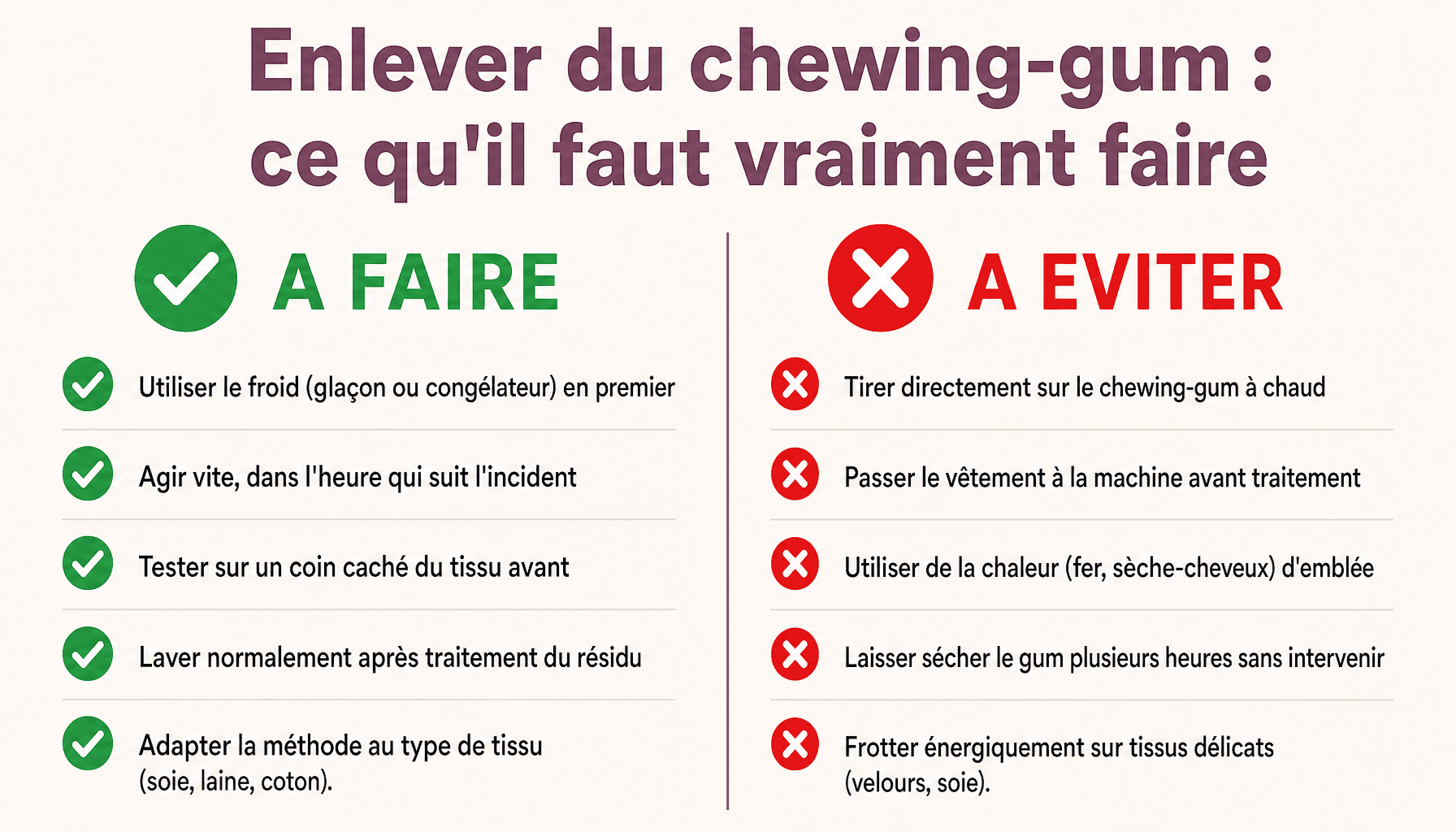 Infographie comment enlever le chewing gum sur les vetements : méthodes à faire et à éviter