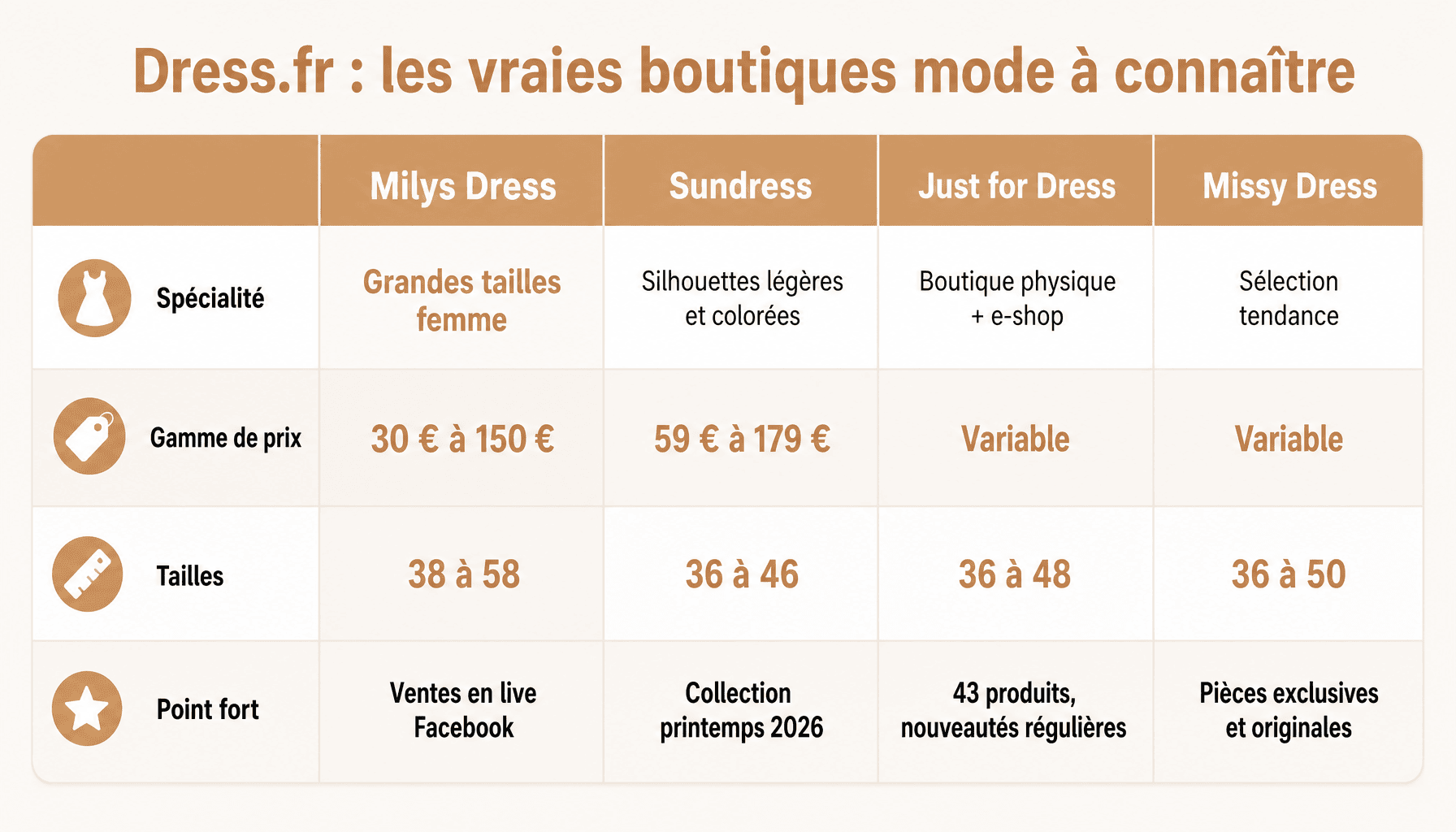 Comparatif des 4 boutiques mode dress.fr : prix, tailles, spécialités pour trouver sa robe parfaite