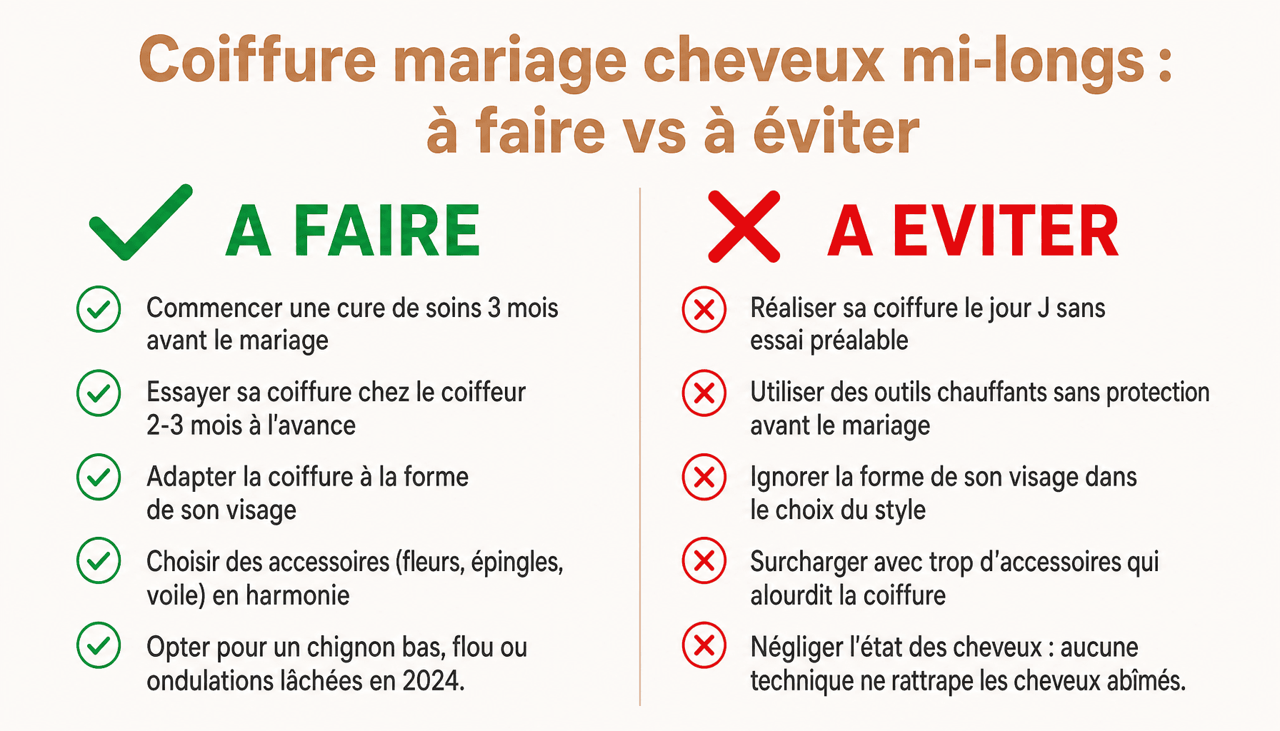 Guide coiffure mariage cheveux mi long : conseils à faire et erreurs à éviter pour sublimer son look