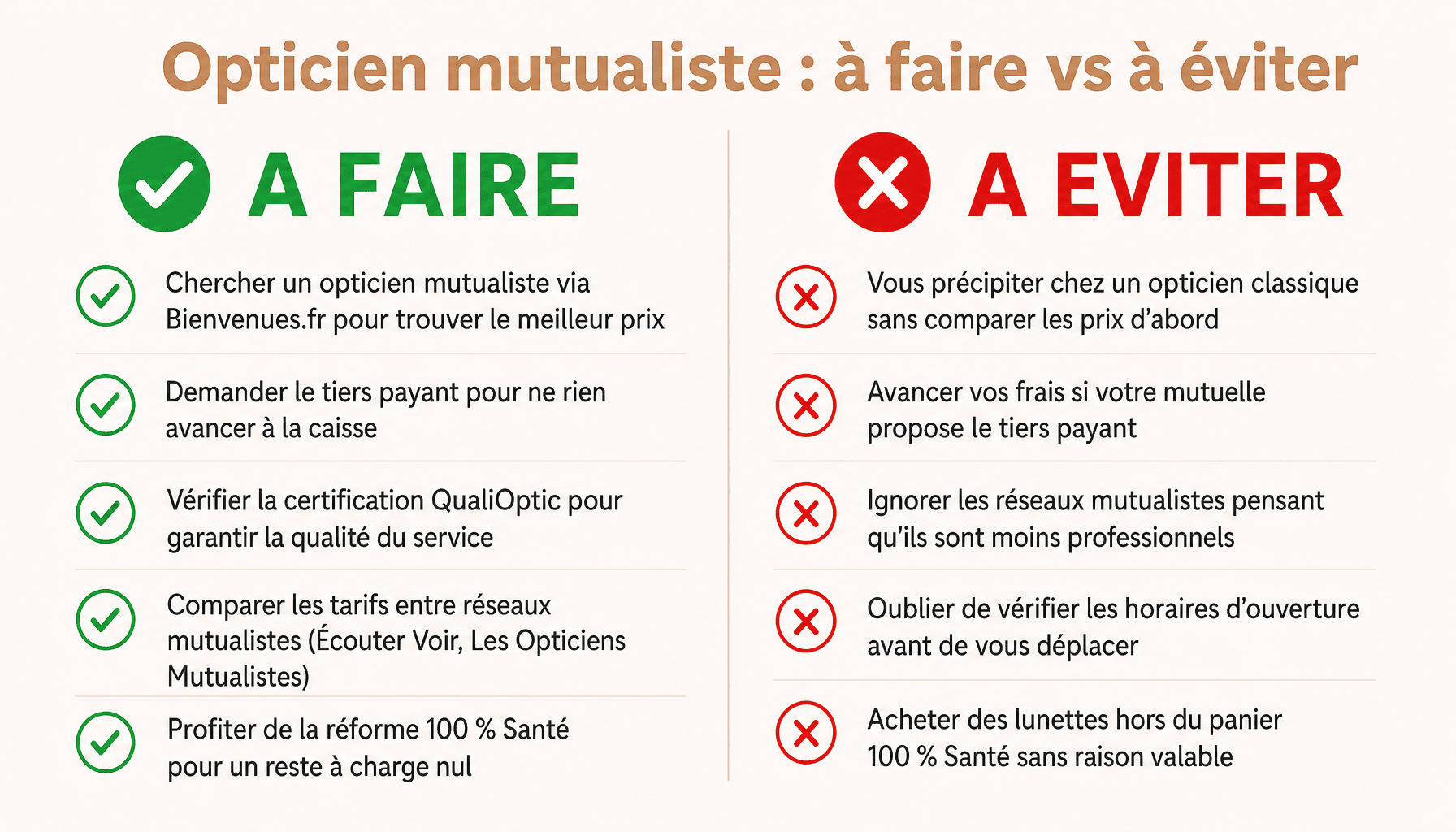 Guide pratique opticien mutualiste Bienvenues.fr : conseils et erreurs à éviter pour économiser sur vos lunettes
