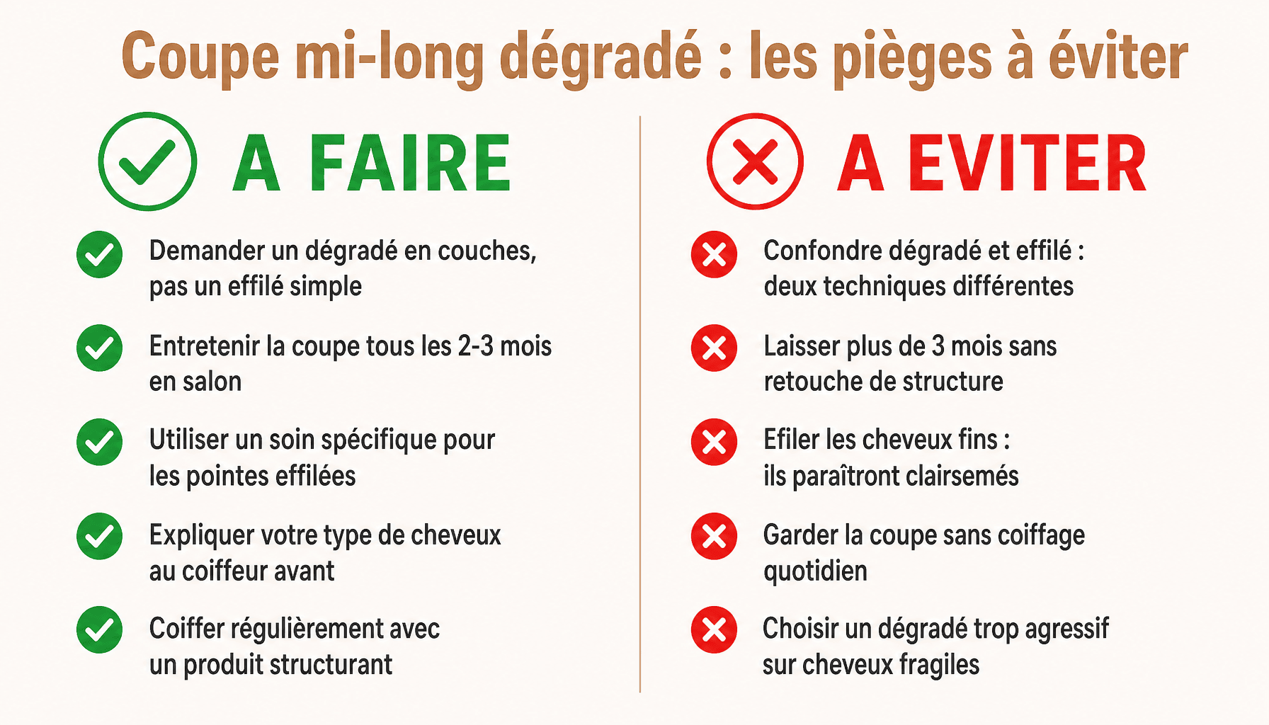 Infographie coupe cheveux mi long femme dégradé : à faire et à éviter pour réussir votre coupe