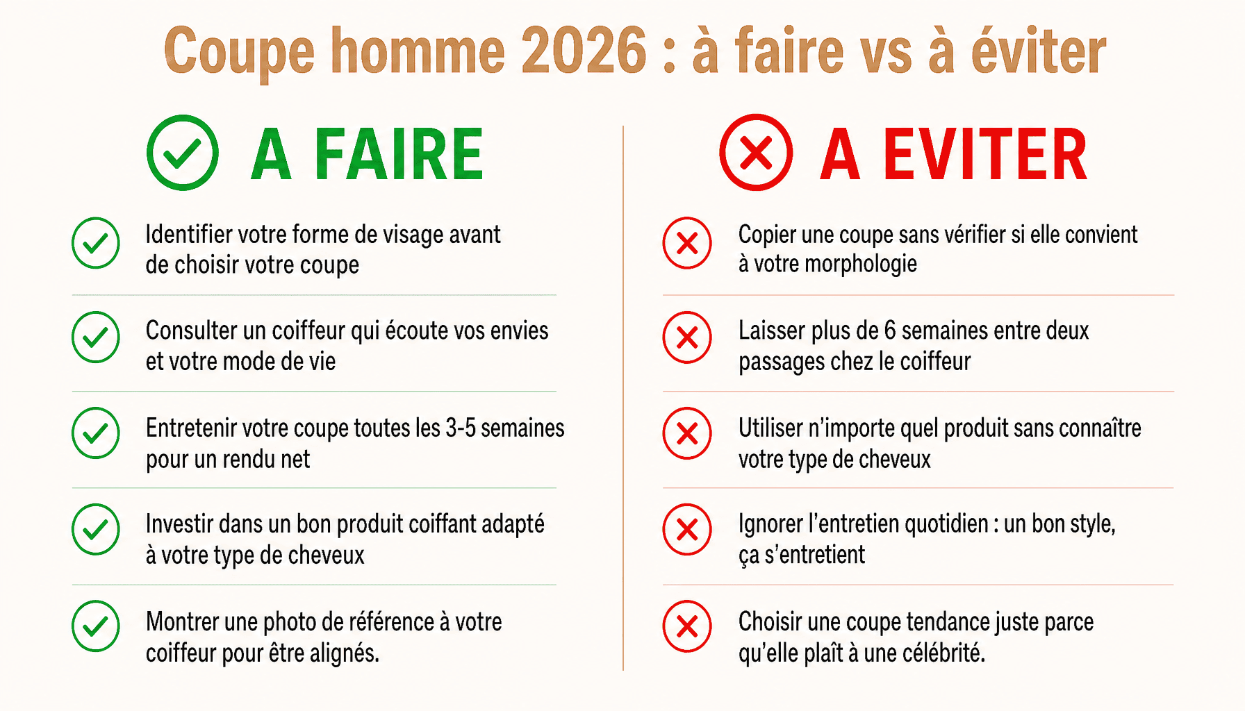Infographie coupe de cheveux homme 2026 : conseils à faire et erreurs à éviter selon la morphologie