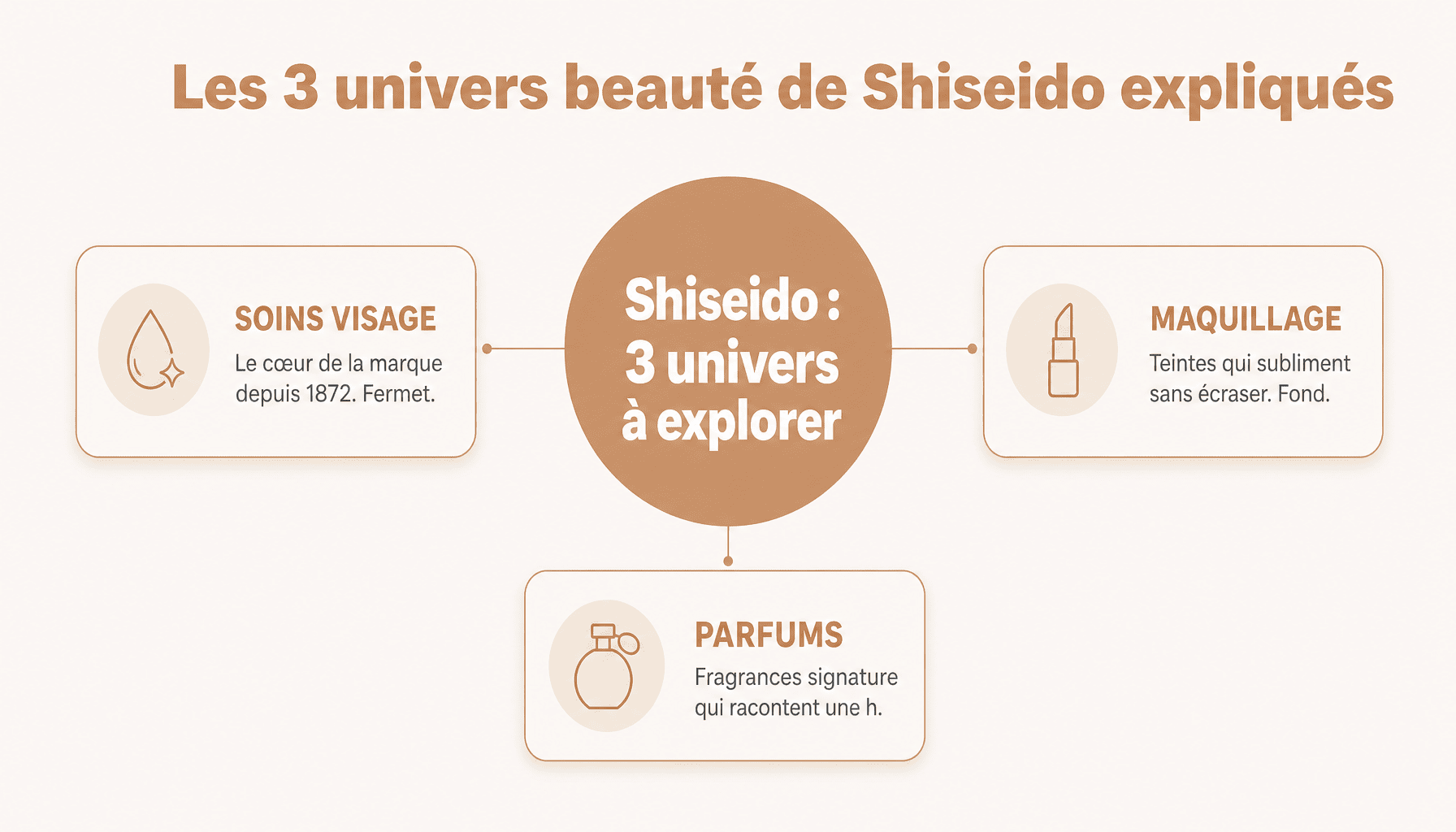 Infographie decomposition des 3 gammes Shiseido : soins visage, maquillage et parfums pour debutants
