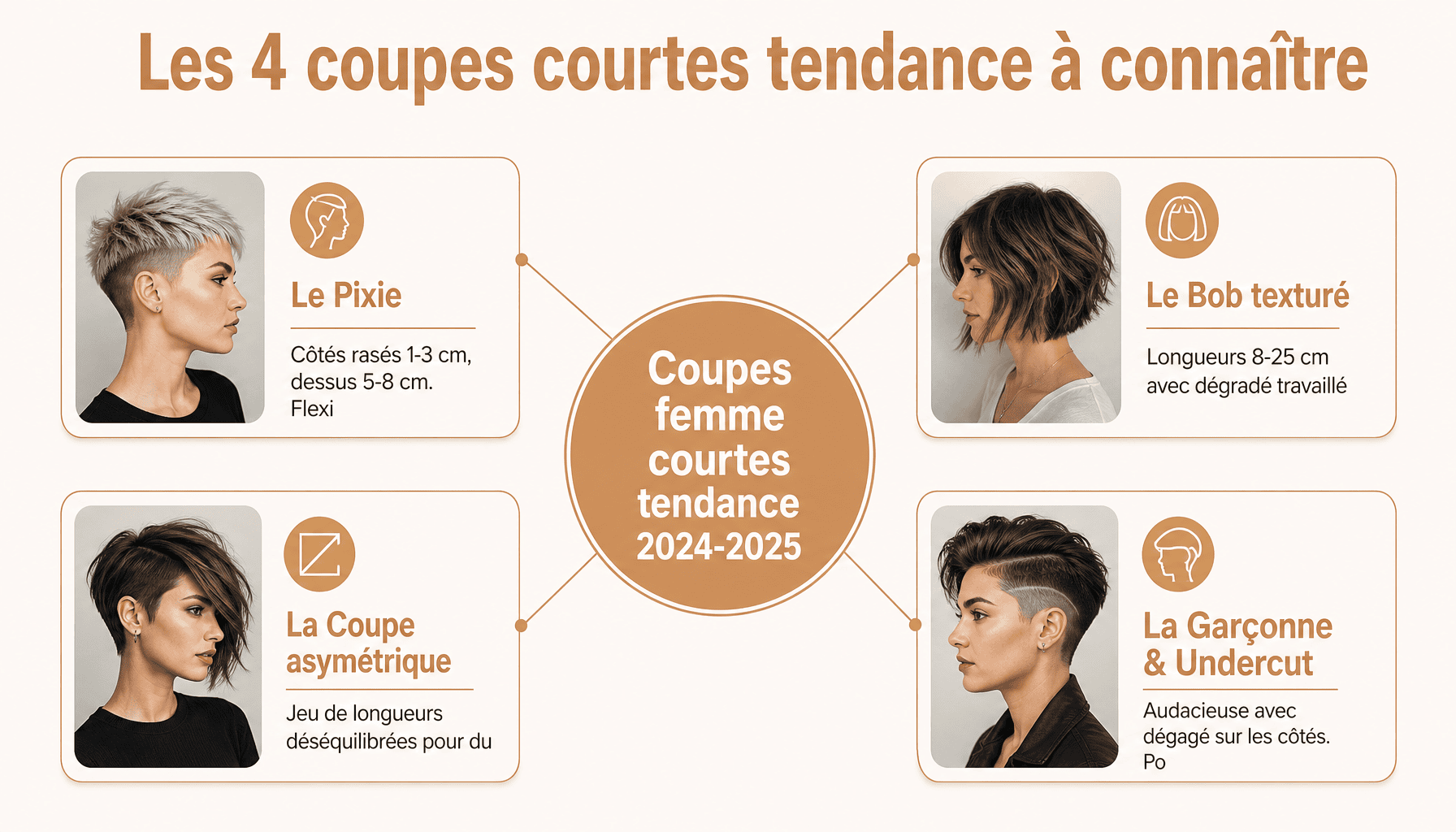 Infographie des 4 grandes familles de coupe femme courte tendance 2024-2025 : pixie, bob texturé, asymétrique et garçonne