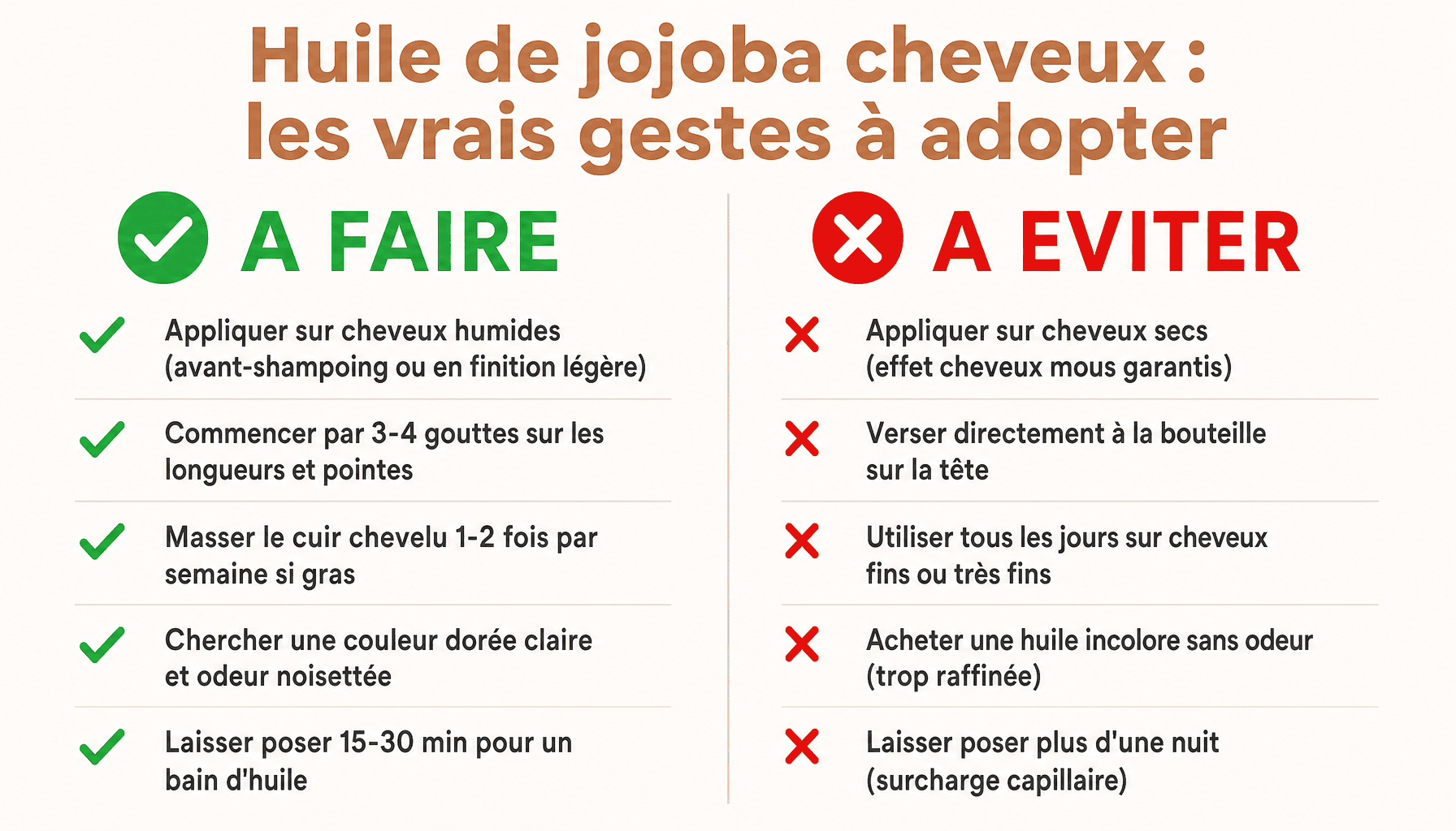 Infographie dos et don'ts pour utiliser l'huile de jojoba cheveux sans erreur