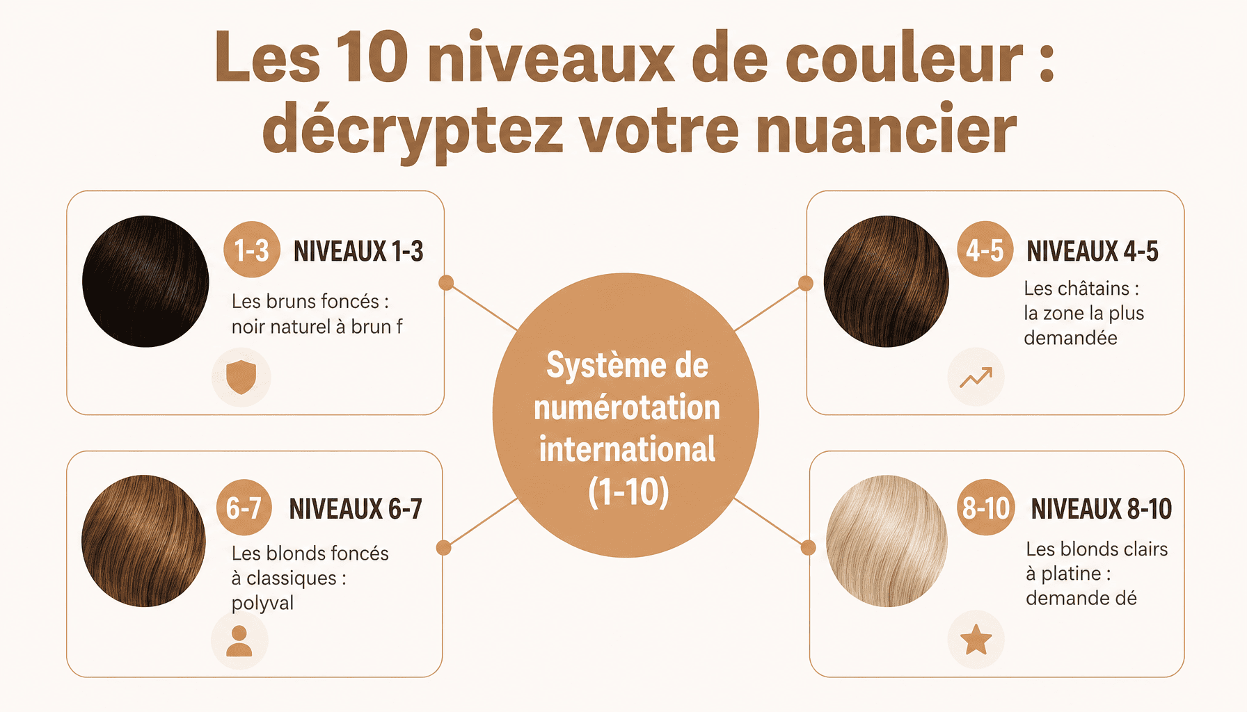 Infographie nuancier couleur cheveux : les 10 niveaux de hauteur de ton du noir au blond platine