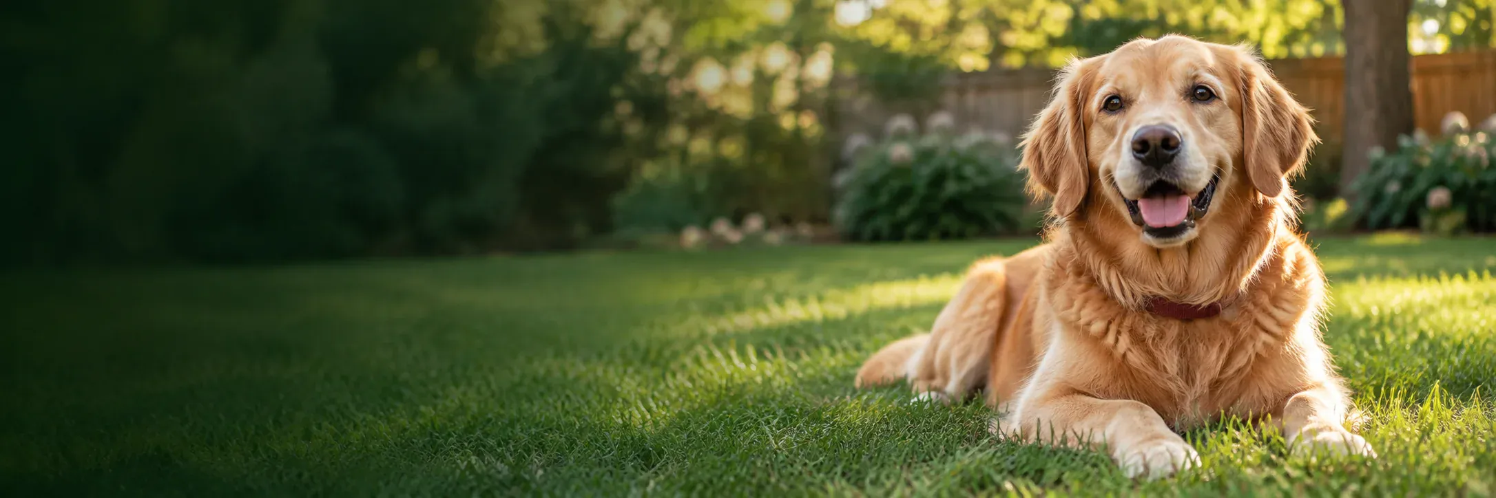 Golden retriever resting comfortably in a sunny backyard