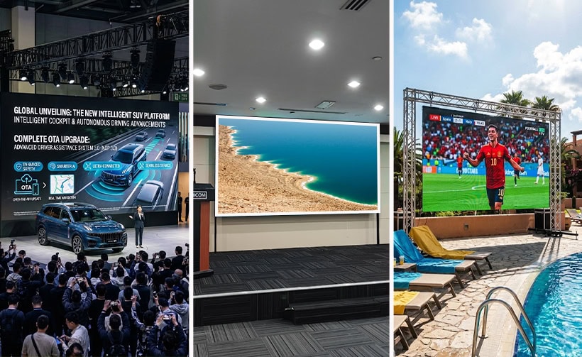 COB LED Display applications in car launch event, conference room and outdoor poolside sports viewing
