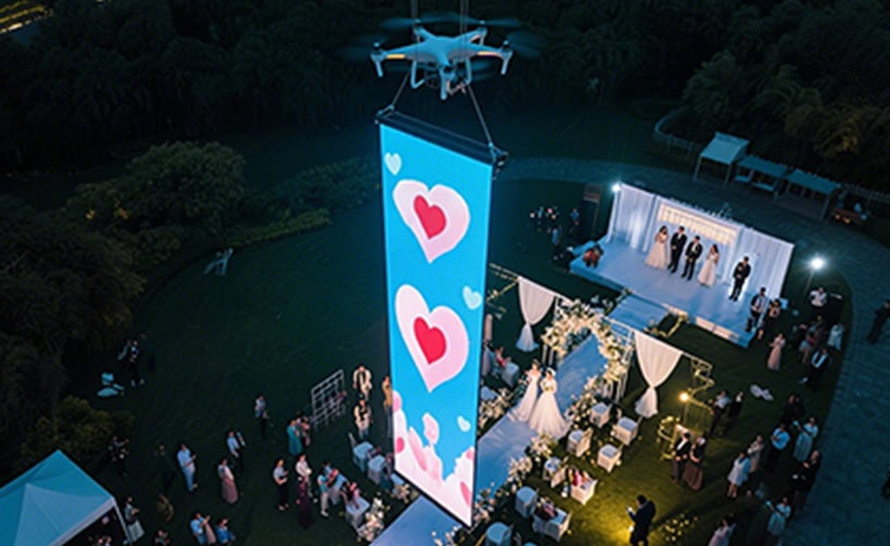 Drone Flying LED screen displaying heart graphics at an outdoor evening event and aerial visual display