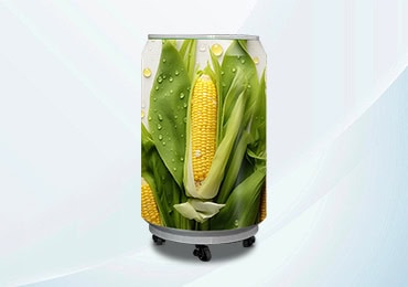 Can-shaped LED screen displaying a realistic image of fresh corn with green leaves and water droplets on a wheeled base