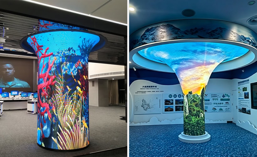 Custom-shaped creative LED displays designed to fit unique spaces, featuring a cylindrical underwater reef scene and a funnel-shaped mountain landscape installation in exhibition environments