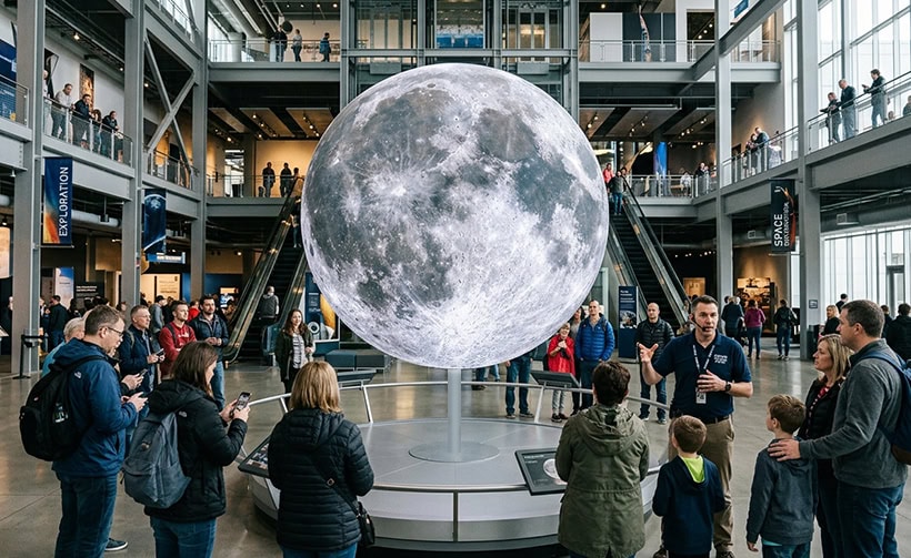 Large spherical LED display showing a realistic moon surface in a busy museum atrium, viewed from multiple angles by visitors
