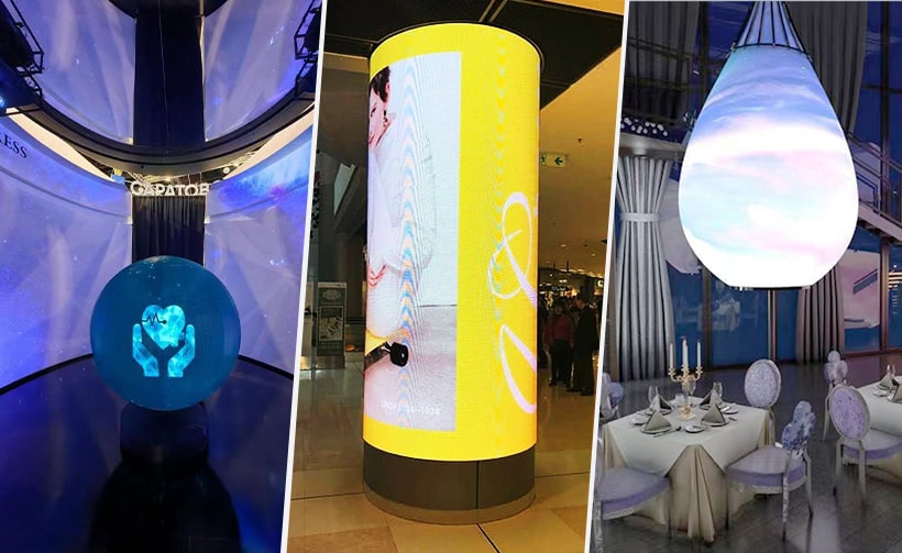 Creative LED screens in unique shapes including a glowing spherical display, a large cylindrical column, and a hanging teardrop pendant light in exhibition and event spaces