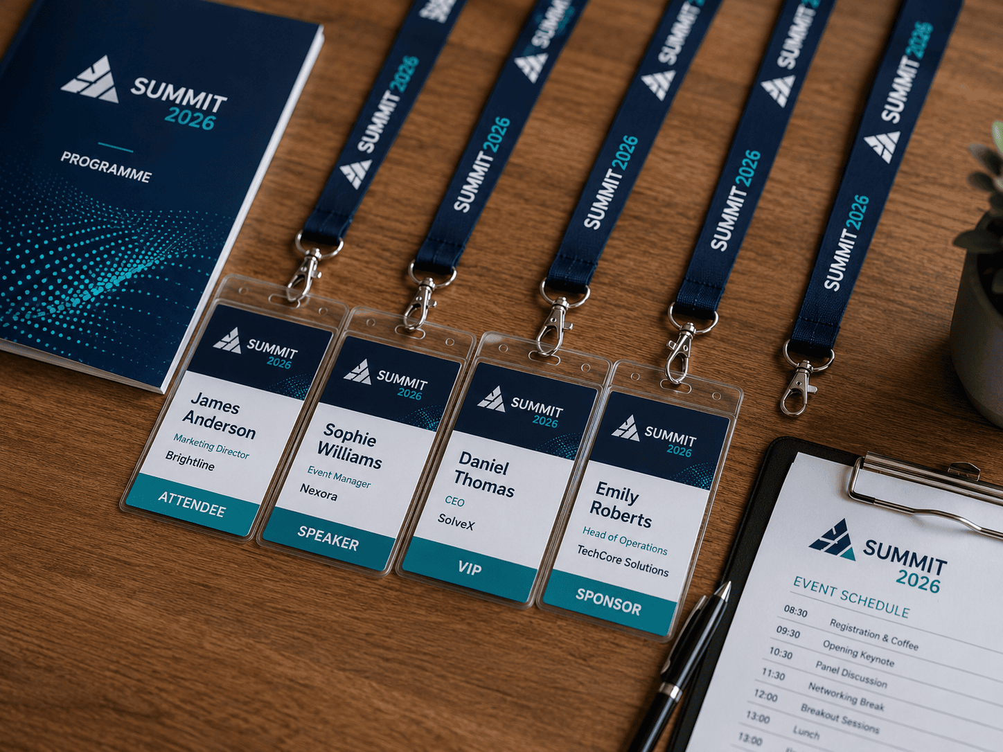 Conference name badges and branded lanyards