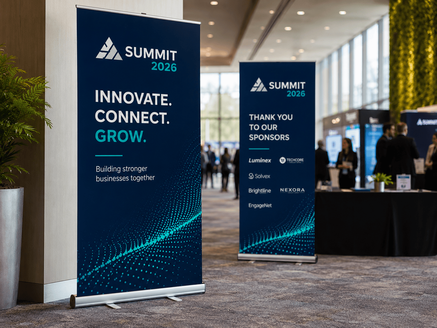 Event banner printing — pull-up roller banners at a professional event