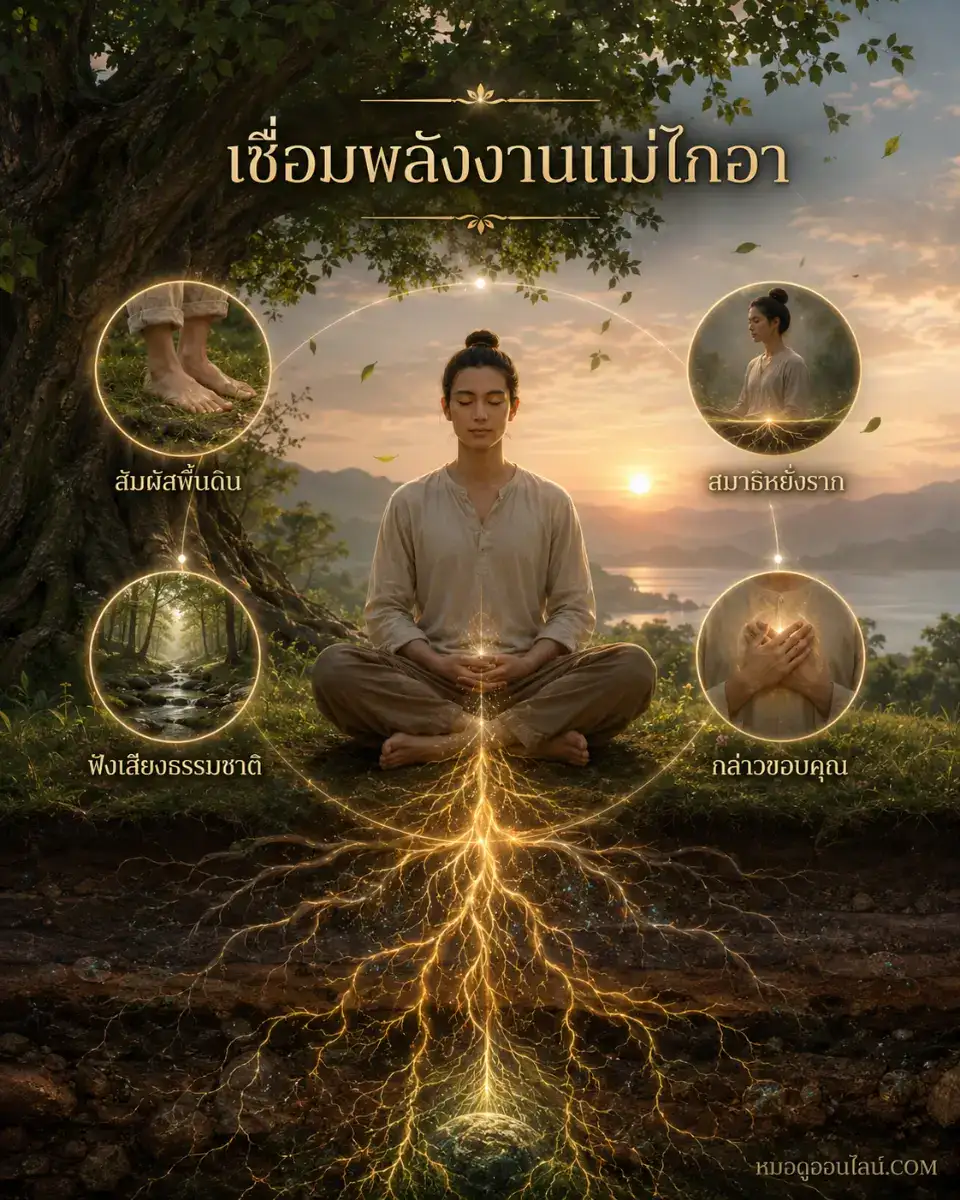 นั่งสมาธิและกราวดิ้งเพื่อเชื่อมพลังงานแม่ไกอา