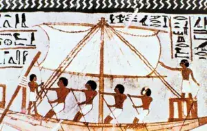 Ancient Egyptian craftsmen building a wooden boat
