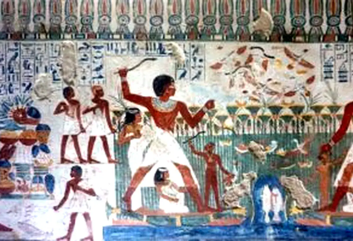 Marsh hunting painting in the Tombs of the Nobles in Luxor, Nakht TT52