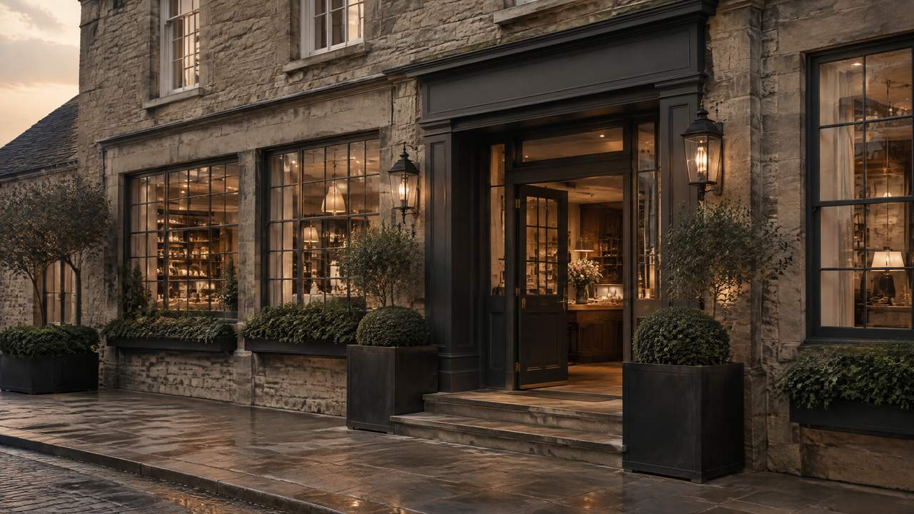 Stone-fronted premium food business at dusk
