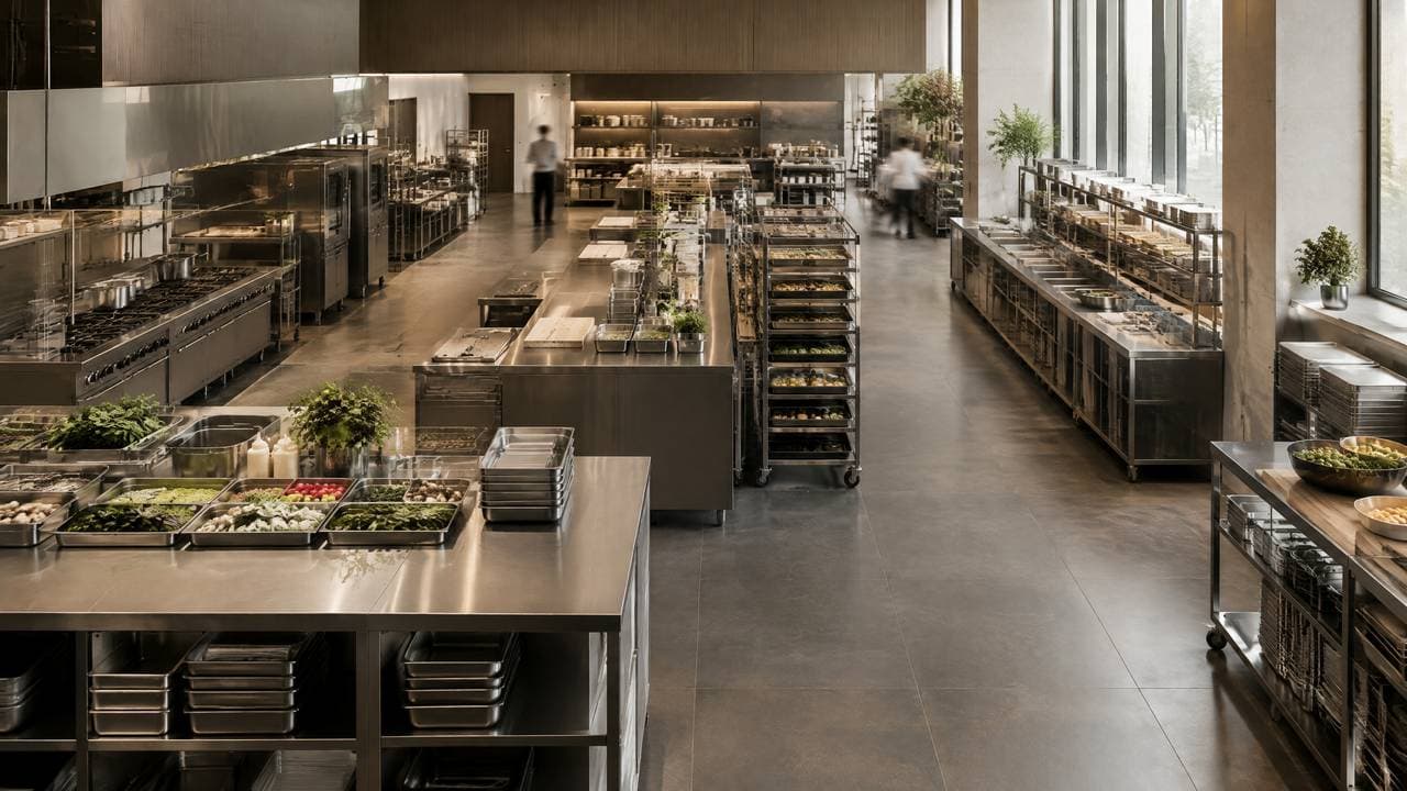 Professional kitchen with stainless-steel preparation stations