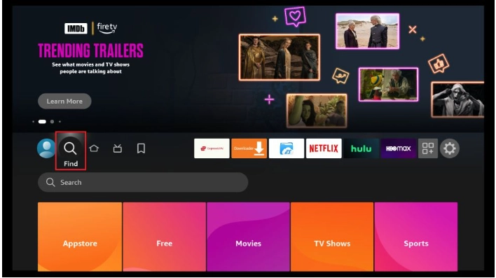 Fire TV home screen Find option