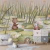 Fotobehang met waterlelies, beer en konijn illustratie