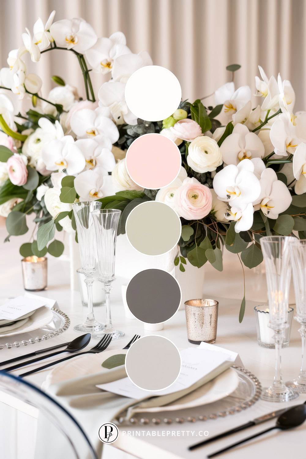 54 Spring Wedding Color Palettes 14 Spring Wedding Color Palette With White, Blush Pink, Sage Green, Charcoal Gray And Light Taupe Circles Overlaid On Image Of Elegant Table Setting With Orchids, Ranunculus And Eucalyptus