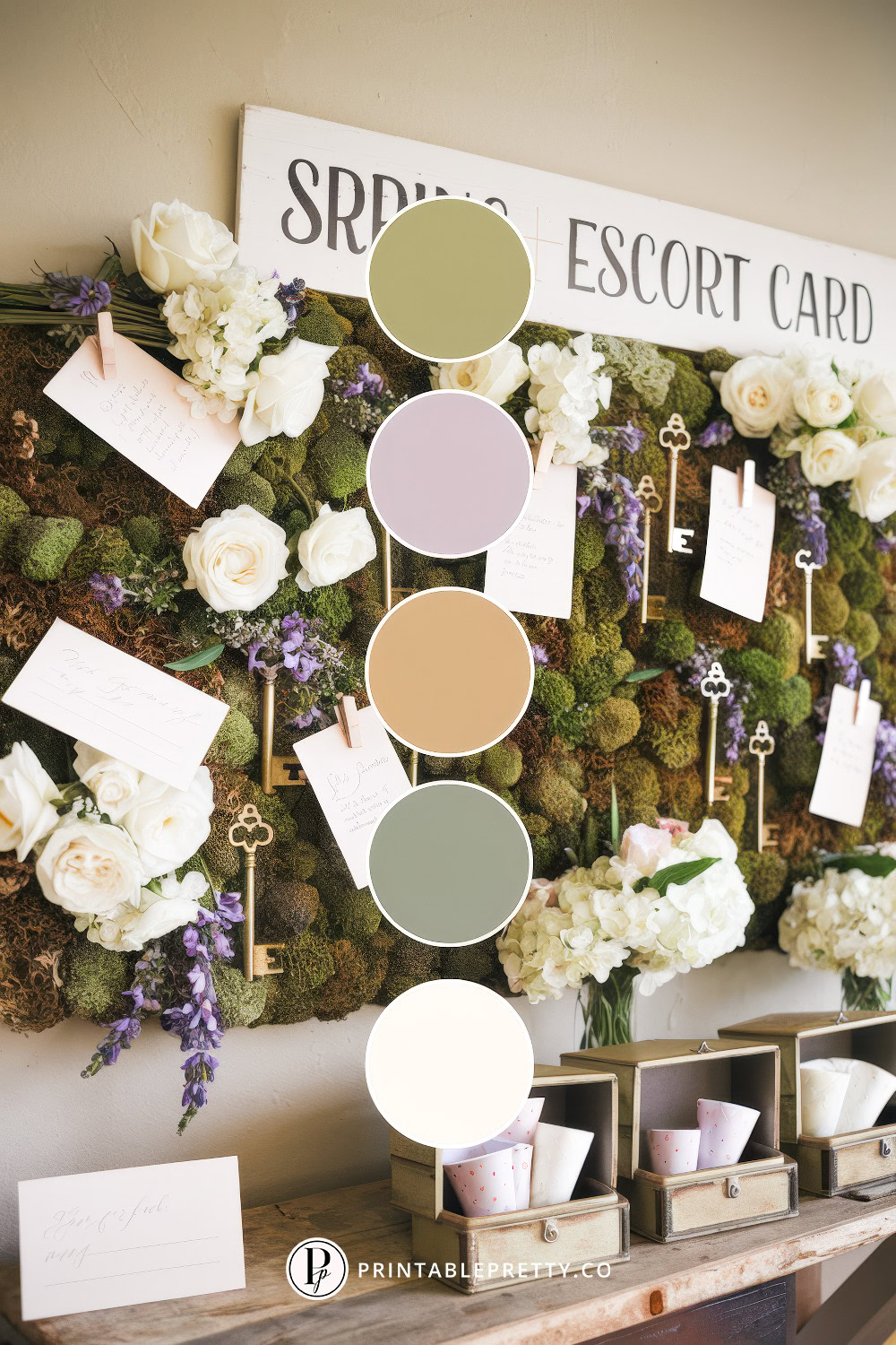 54 Spring Wedding Color Palettes 15 Spring Wedding Color Palette With Olive Green, Lavender, Tan, Sage And Ivory Circles Overlaid On Image Of Moss Escort Card Display With Vintage Keys, White Roses And Lavender Sprigs