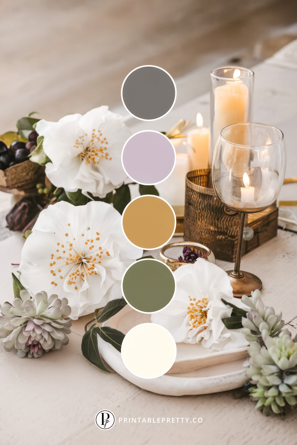 54 Spring Wedding Color Palettes 16 Spring Wedding Color Palette With Charcoal Gray, Lavender, Golden Tan, Olive Green And Ivory Circles Overlaid On Image Of White Camellias, Succulents And Candles On Wooden Table
