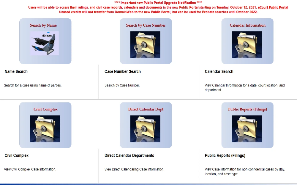 Screenshot of California's e-court public portal.