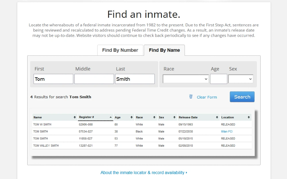 Name search for inmates screenshot.