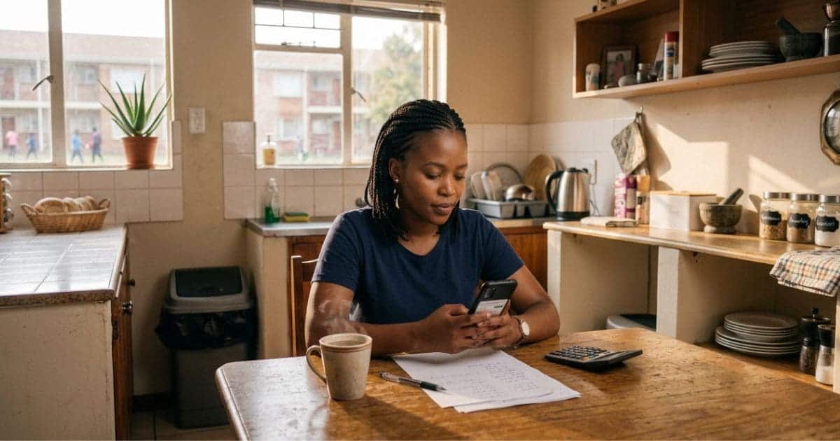 Woman comparing personal loan offers online in South Africa on her phone
