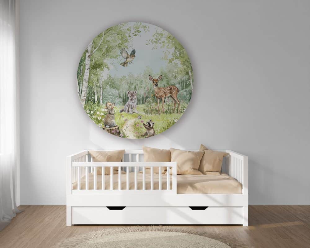 Ronde wanddecoratie met bosdieren voor de kinderkamer – hertje, vos en konijn in bosillustratie