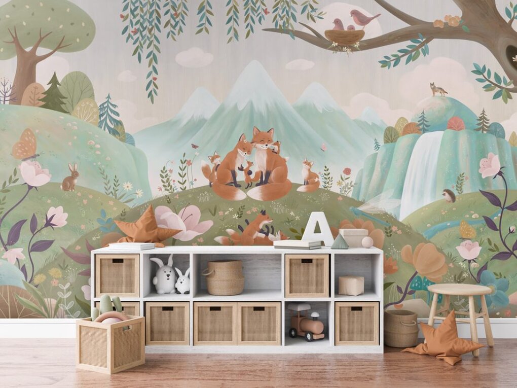 Fotobehang met vossen en berglandschap voor babykamer muurdecoratie