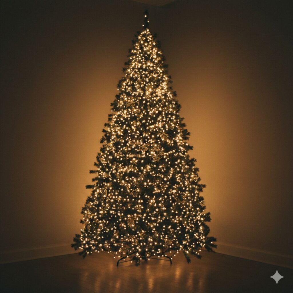 Full Christmas tree densely wrapped only in warm, twinkling LED fairy lights, glowing softly in a dark corner.