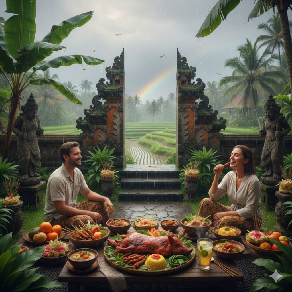 Couple enjoying a Balinese feast, including babi guling, under a brief tropical rain shower with a rainbow over rice terraces.