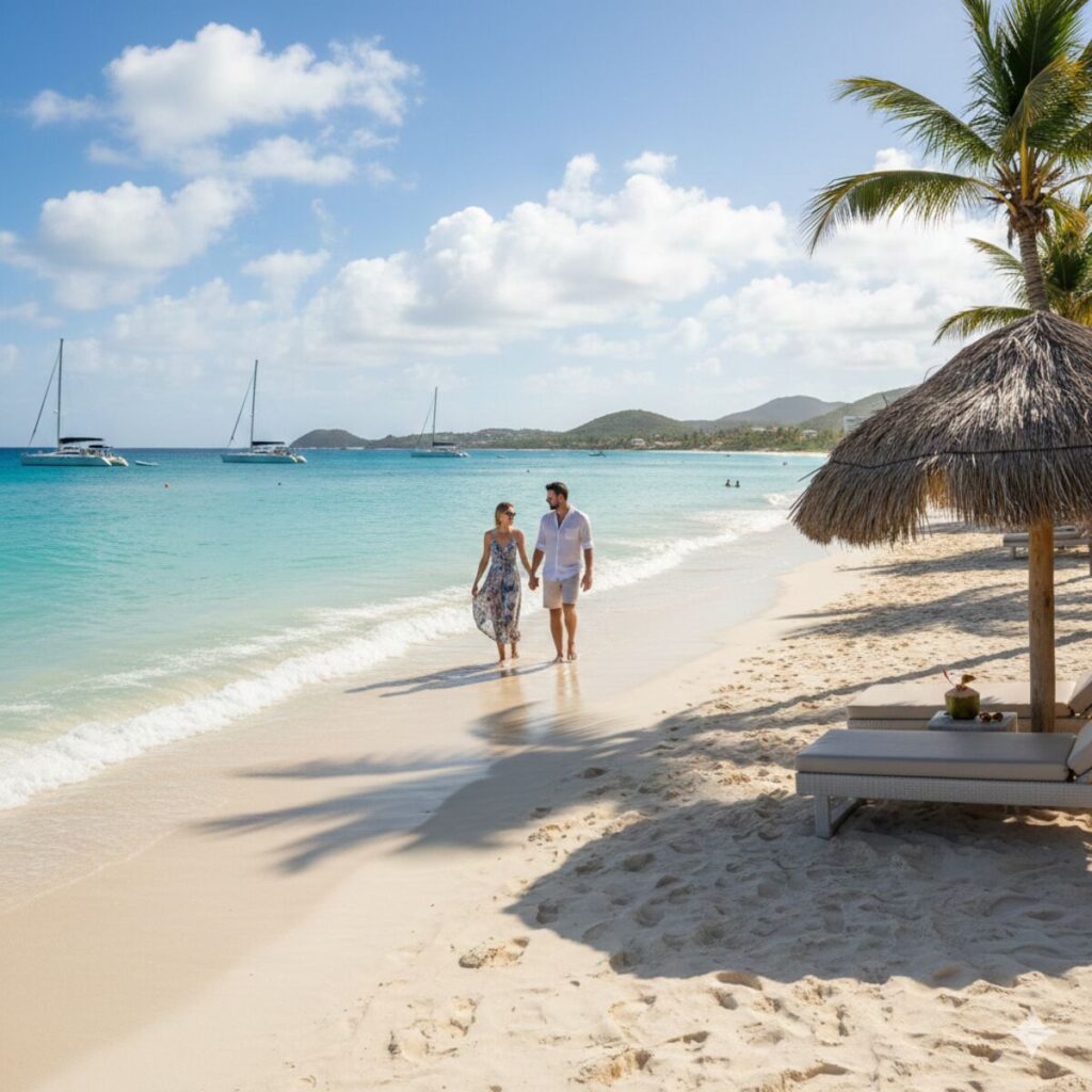 Couple walking hand-in-hand on a white sand beach in Barbados with turquoise water, palm trees, and sailboats.