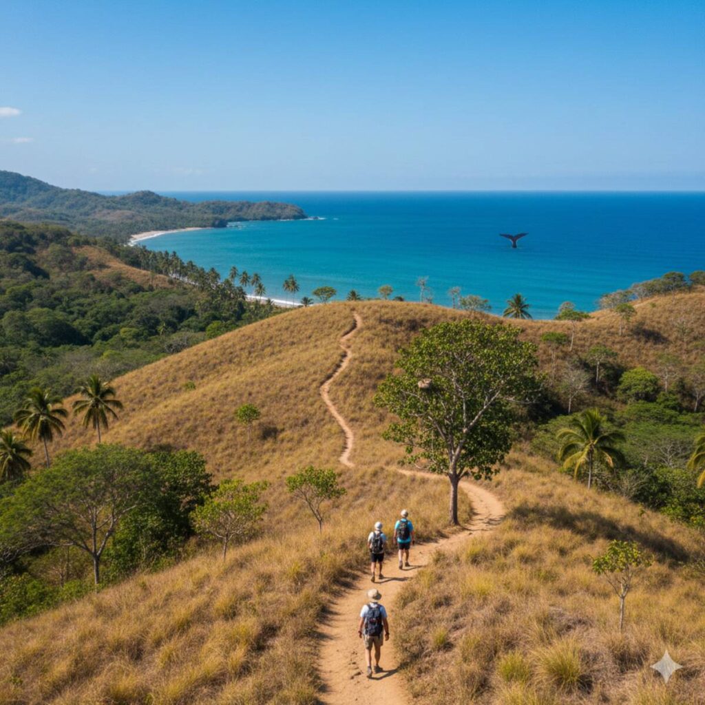 Hikers on a dry, grassy trail overlooking a Costa Rican Pacific coast beach where a humpback whale is breaching.