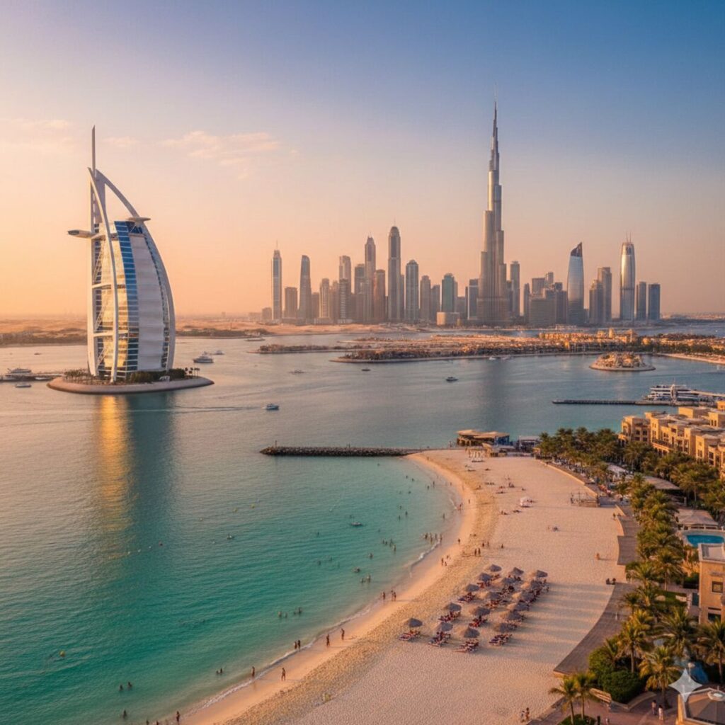 Iconic Dubai skyline with Burj Al Arab and Burj Khalifa at sunset, overlooking a white sand beach and turquoise water.
