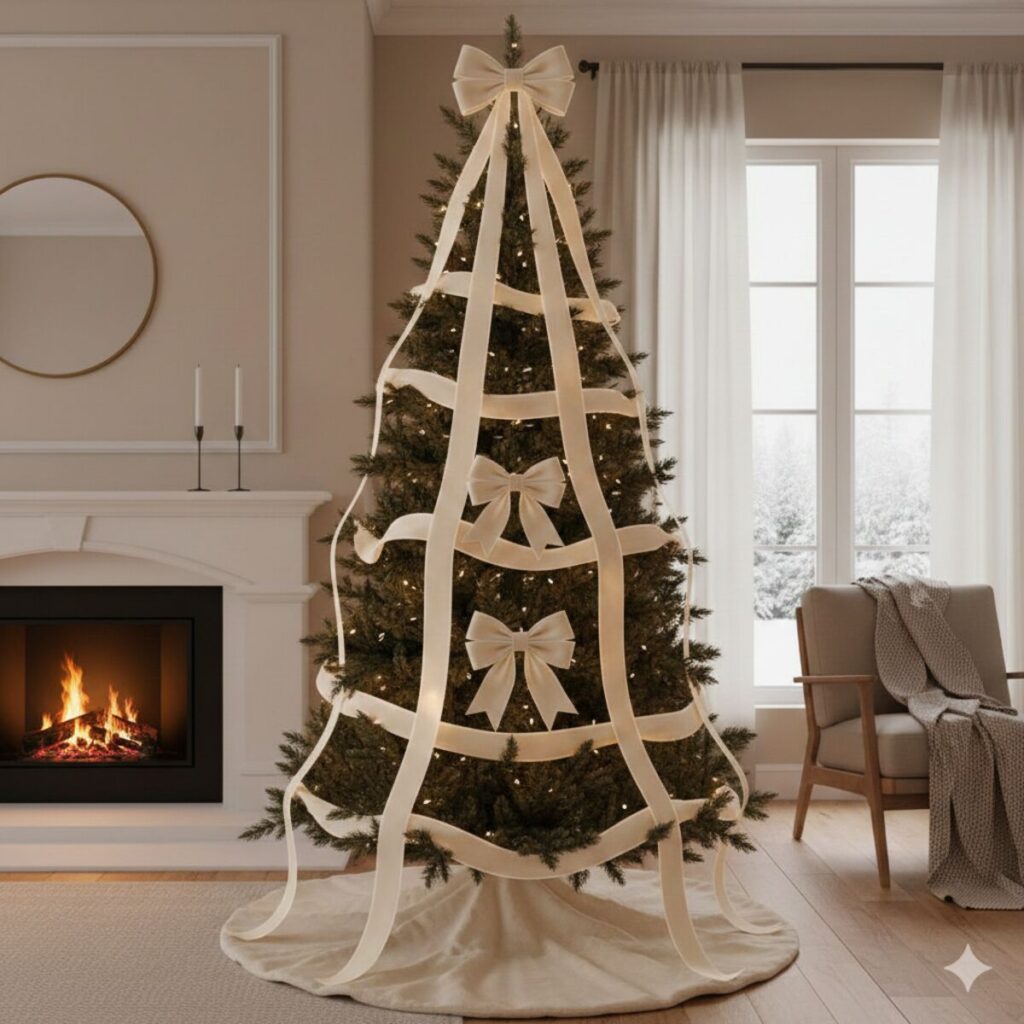 Minimalist Christmas tree decorated with wide cream velvet ribbon draped vertically and accented with large matching bows.